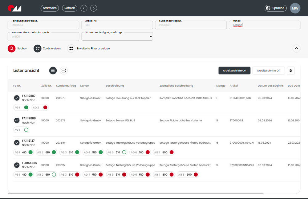 Auftragsübersicht in der SETAGO® Betriebsdatenerfassung