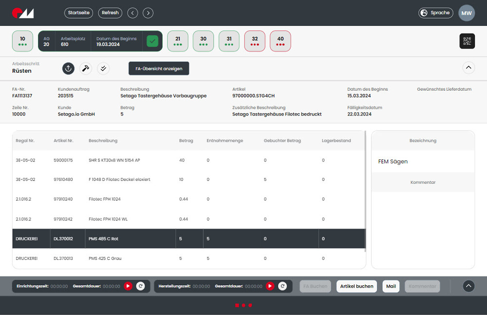 Ansicht für Kommissionierung in der SETAGO® Betriebsdatenerfassung