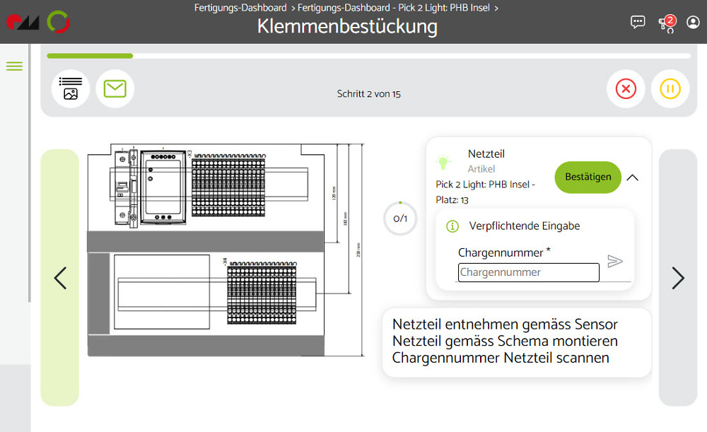 Softwareoberfläche eines Arbeitsschritts im Werkerassistenzsystems